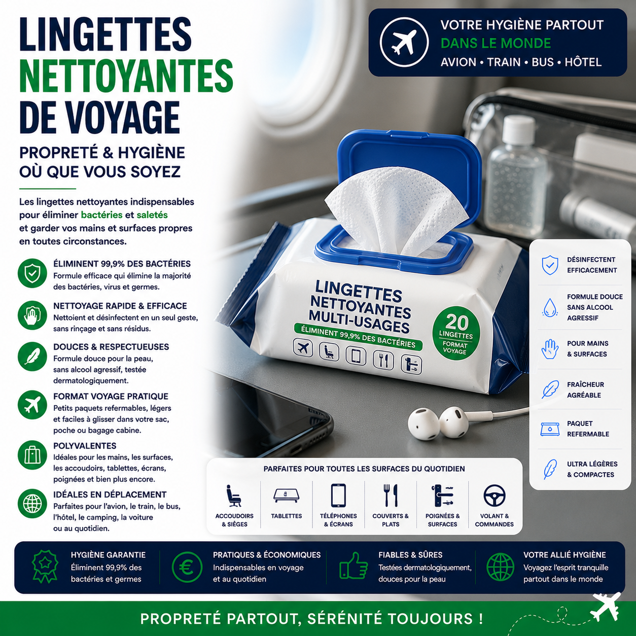 Lingettes nettoyantes de voyage pour nettoyer les mains et les surfaces pendant les déplacements