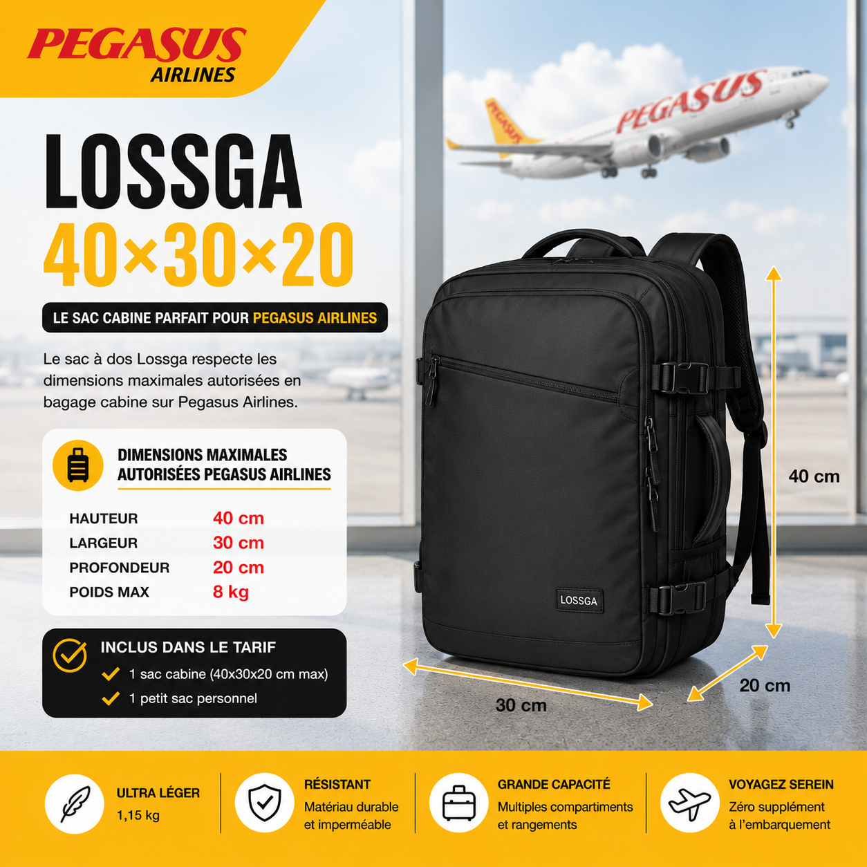 Lossga Travel Backpack compatible Pegasus Airlines