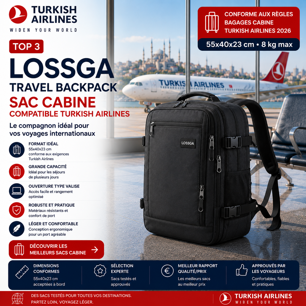 Lossga Travel Backpack sac cabine Turkish Airlines