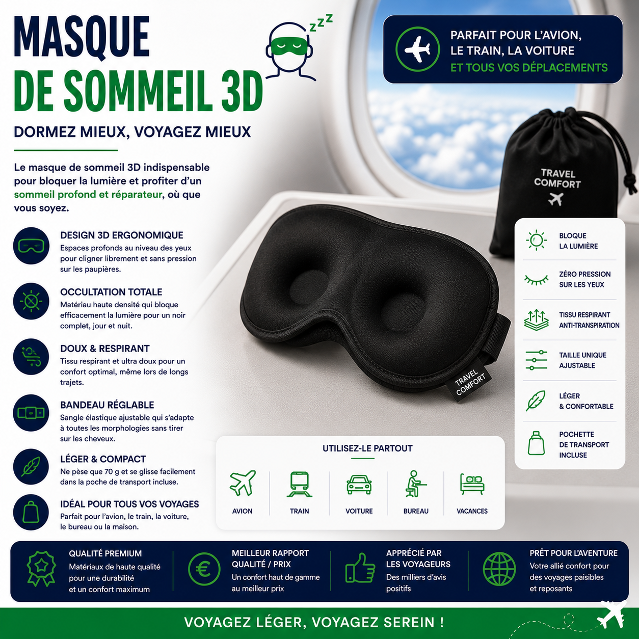 Masque de sommeil 3D ergonomique pour dormir confortablement en avion et en voyage