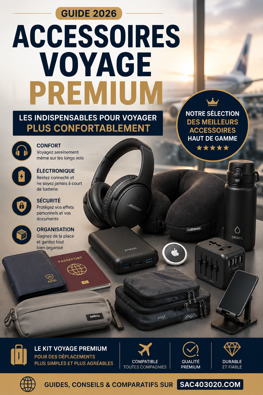 Meilleurs accessoires voyage premium 2026 avec casque antibruit, batterie externe, AirTag, adaptateur universel, cubes de rangement et accessoires cabine haut de gamme