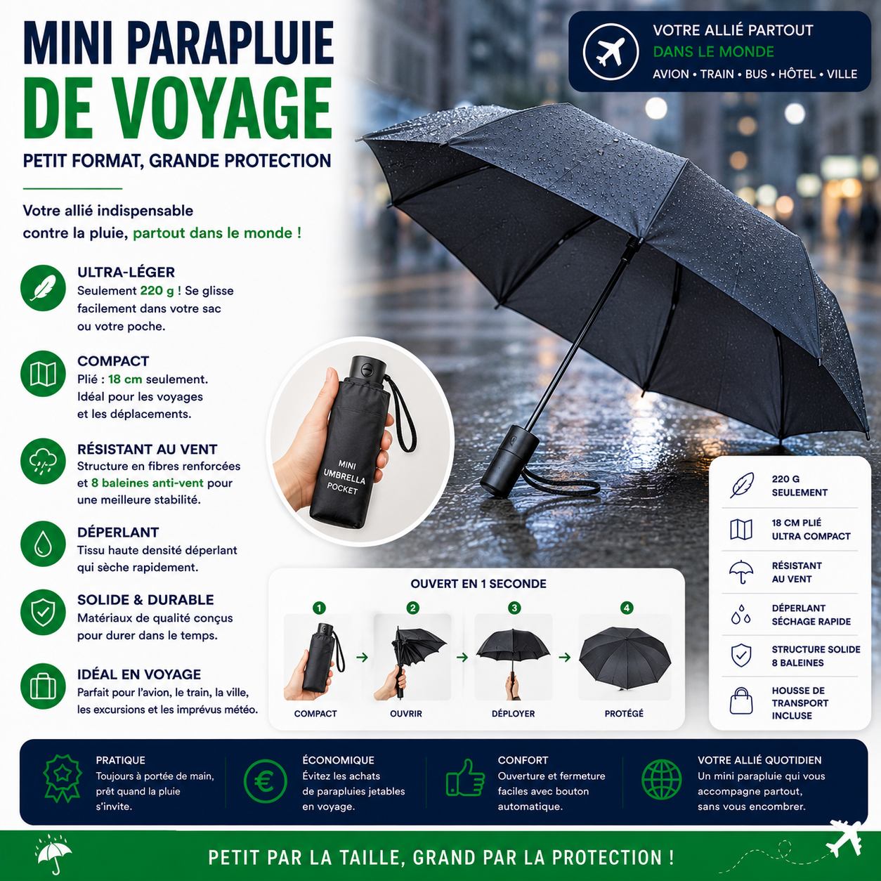 Mini parapluie de voyage compact et léger pour se protéger facilement de la pluie pendant les déplacements