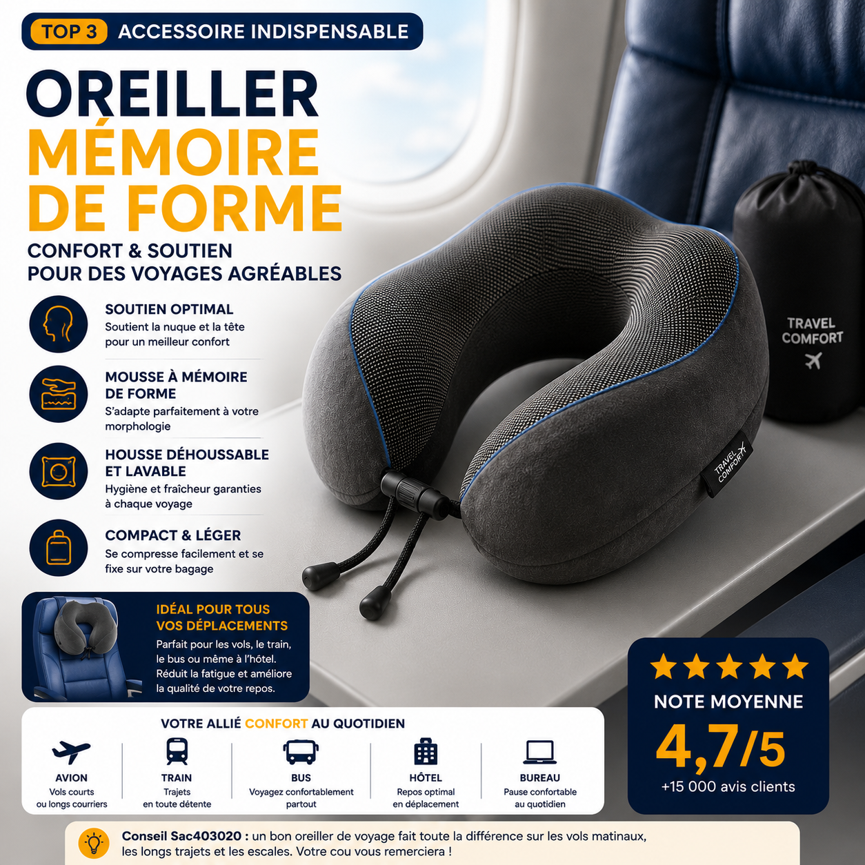 Oreiller mémoire de forme pour avion Vueling