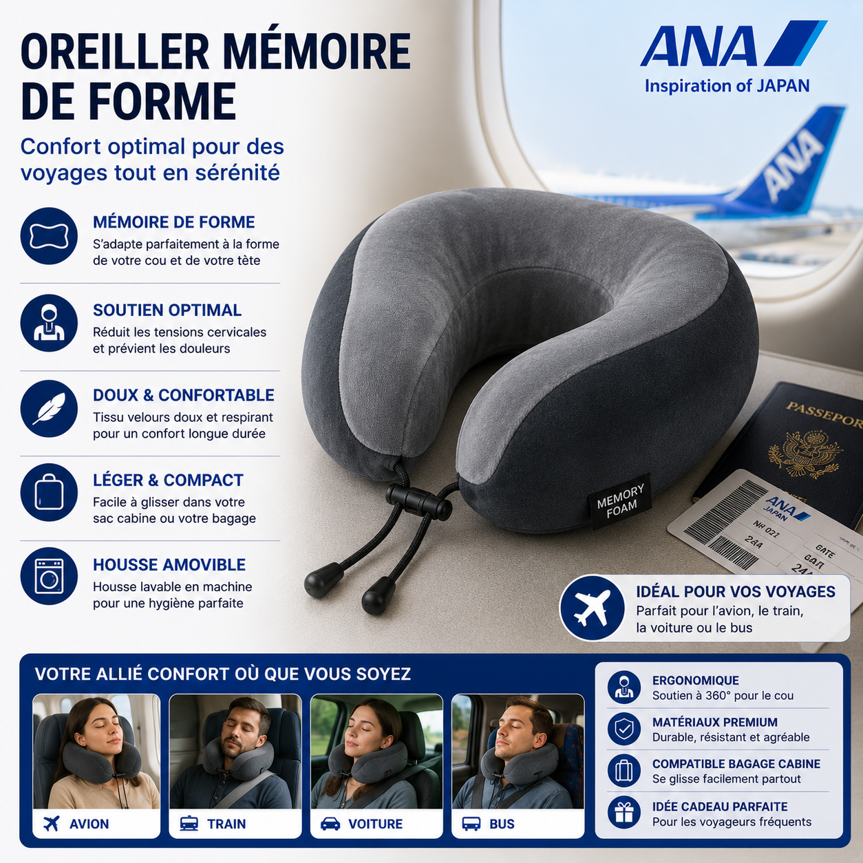 Oreiller mémoire de forme pour voyager avec ANA