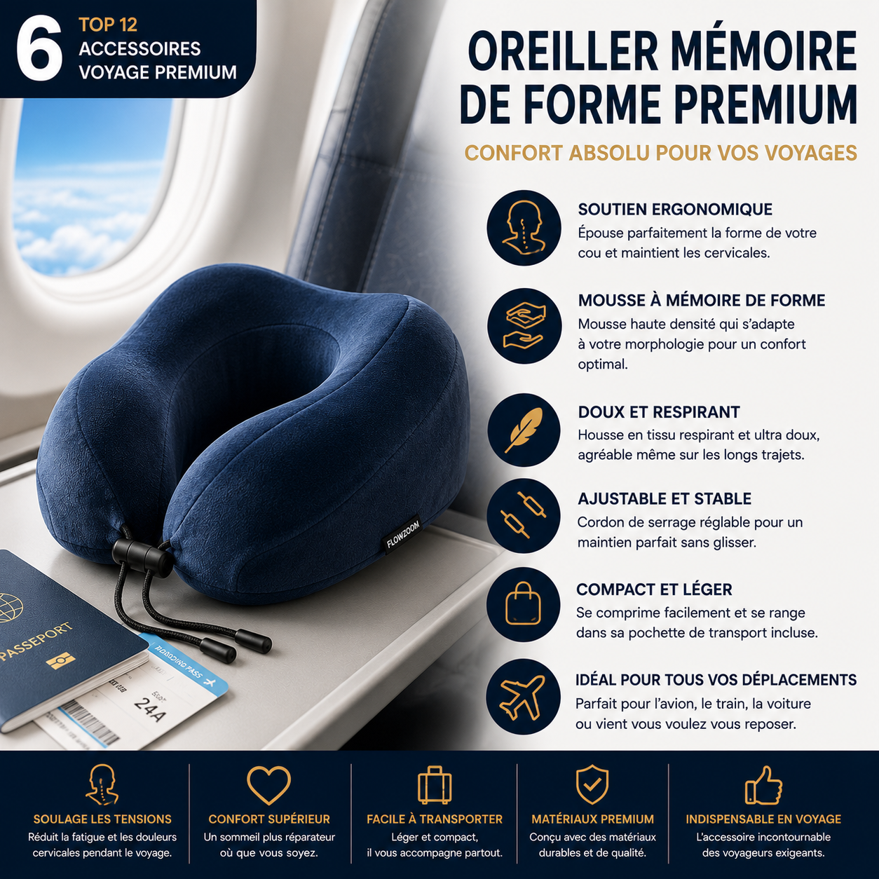 Oreiller Cabeau Evolution S3 à mémoire de forme pour avion