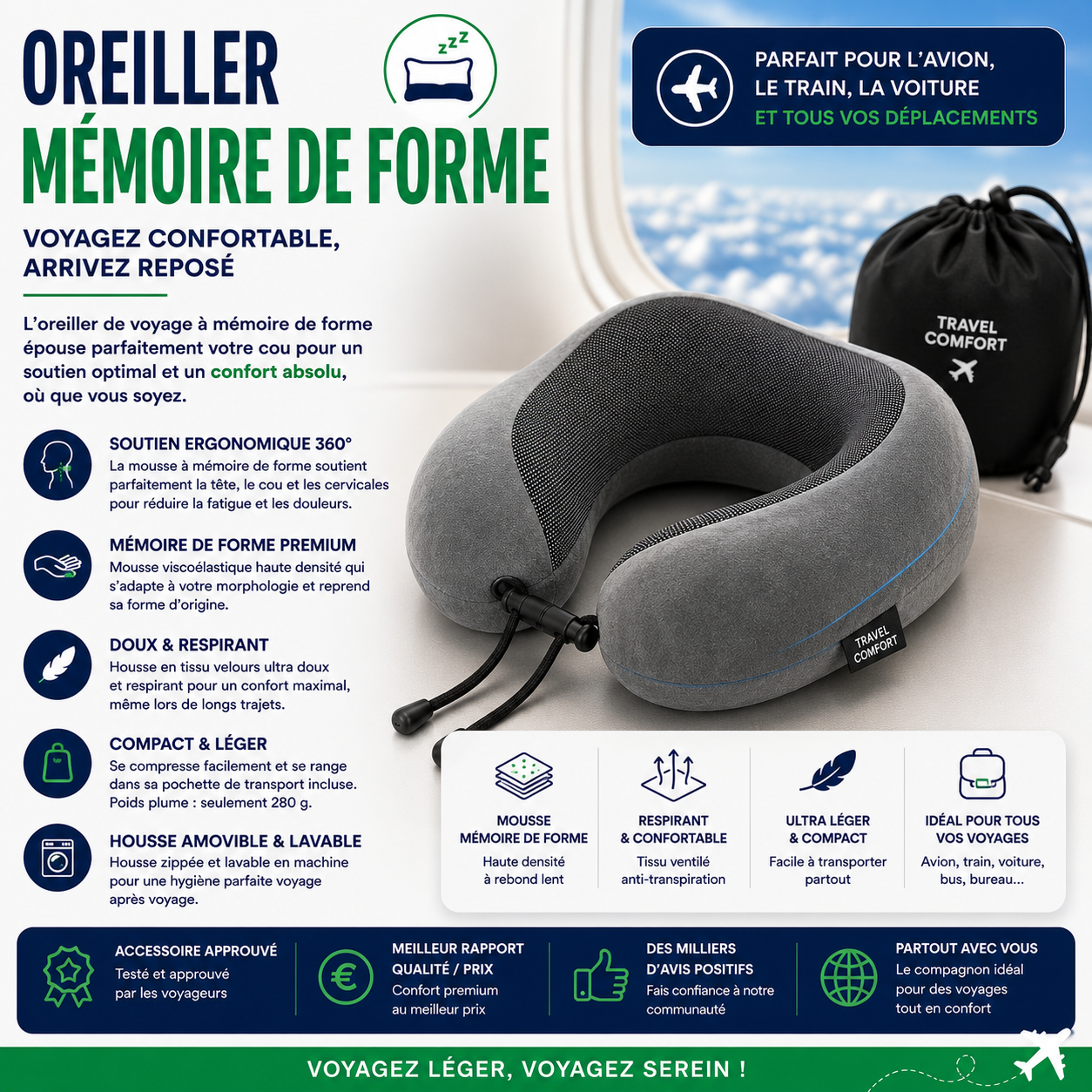 Oreiller de voyage à mémoire de forme ergonomique pour avion train et voiture