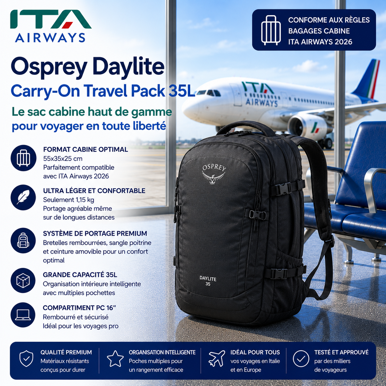 Osprey Daylite Carry-On Travel Pack 35L compatible ITA Airways