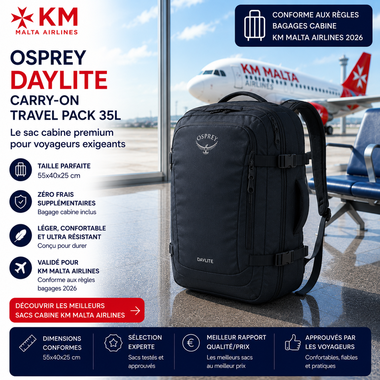 Osprey Daylite Carry-On Travel Pack 35L KM Malta Airlines