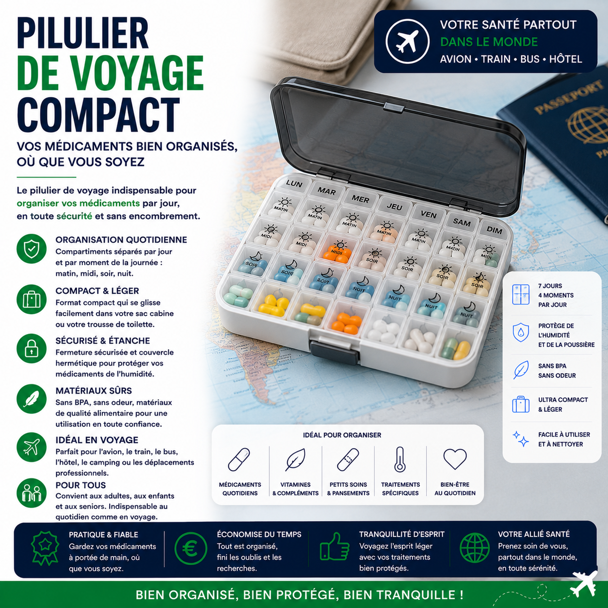 Pilulier de voyage compact avec plusieurs compartiments pour organiser médicaments et compléments