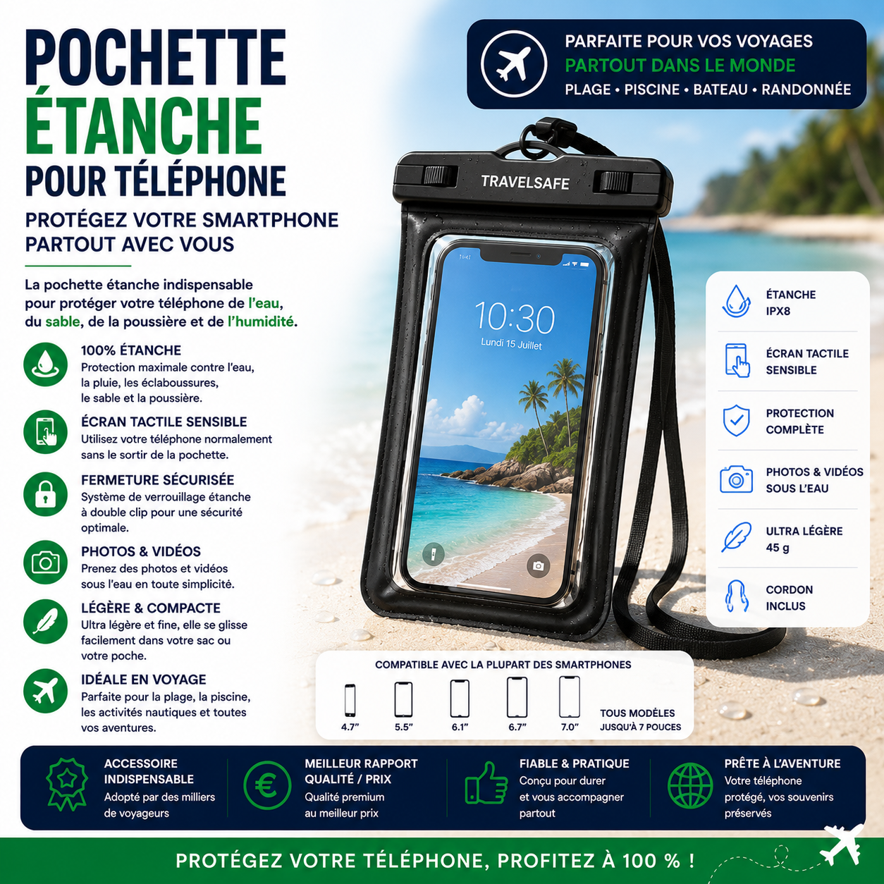 Pochette étanche pour téléphone protégeant le smartphone à la plage à la piscine et en voyage