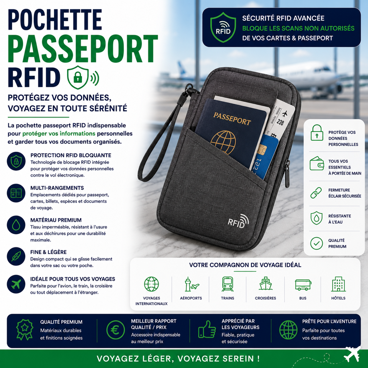 Pochette passeport RFID protégeant les cartes bancaires et documents de voyage contre le vol de données