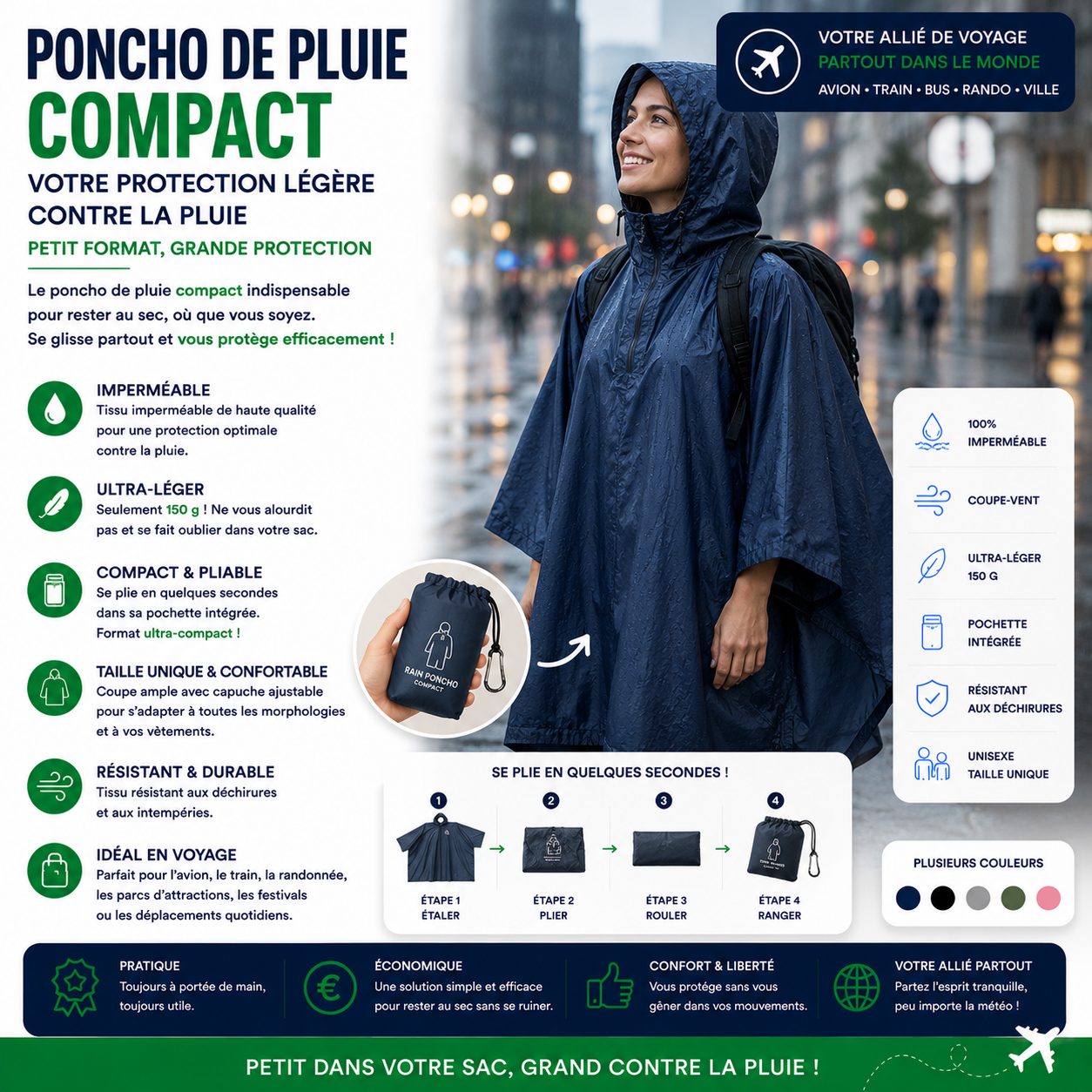 Poncho de pluie compact et léger pour se protéger pendant les voyages et les excursions