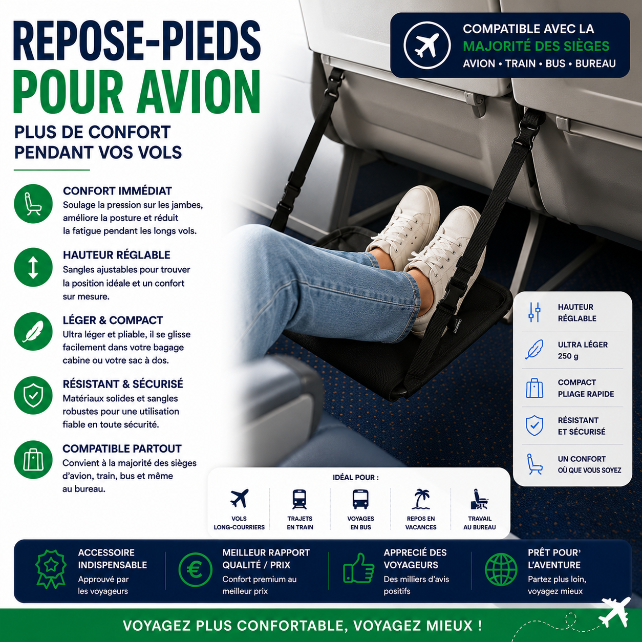 Repose-pieds pour avion permettant d'améliorer le confort des jambes pendant les longs vols
