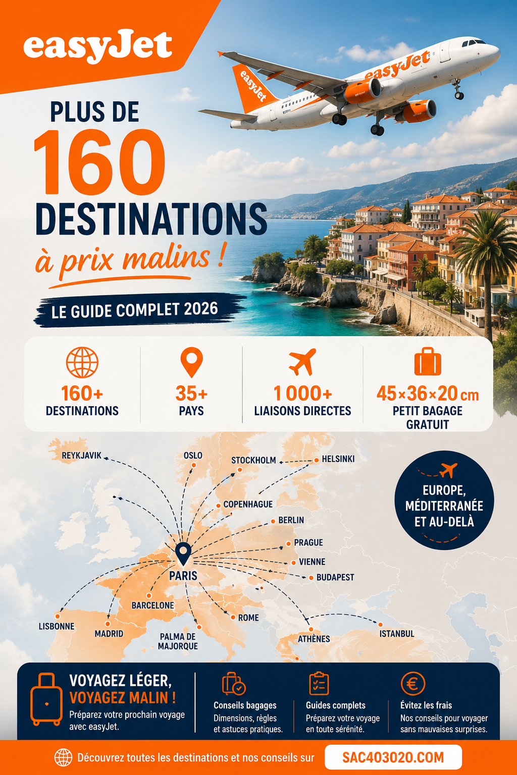 Carte des principales destinations easyJet en Europe