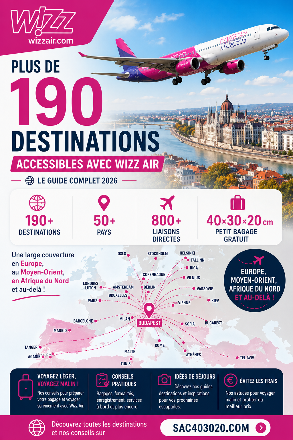 Carte des principales destinations Wizz Air en Europe, au Moyen-Orient et en Afrique du Nord