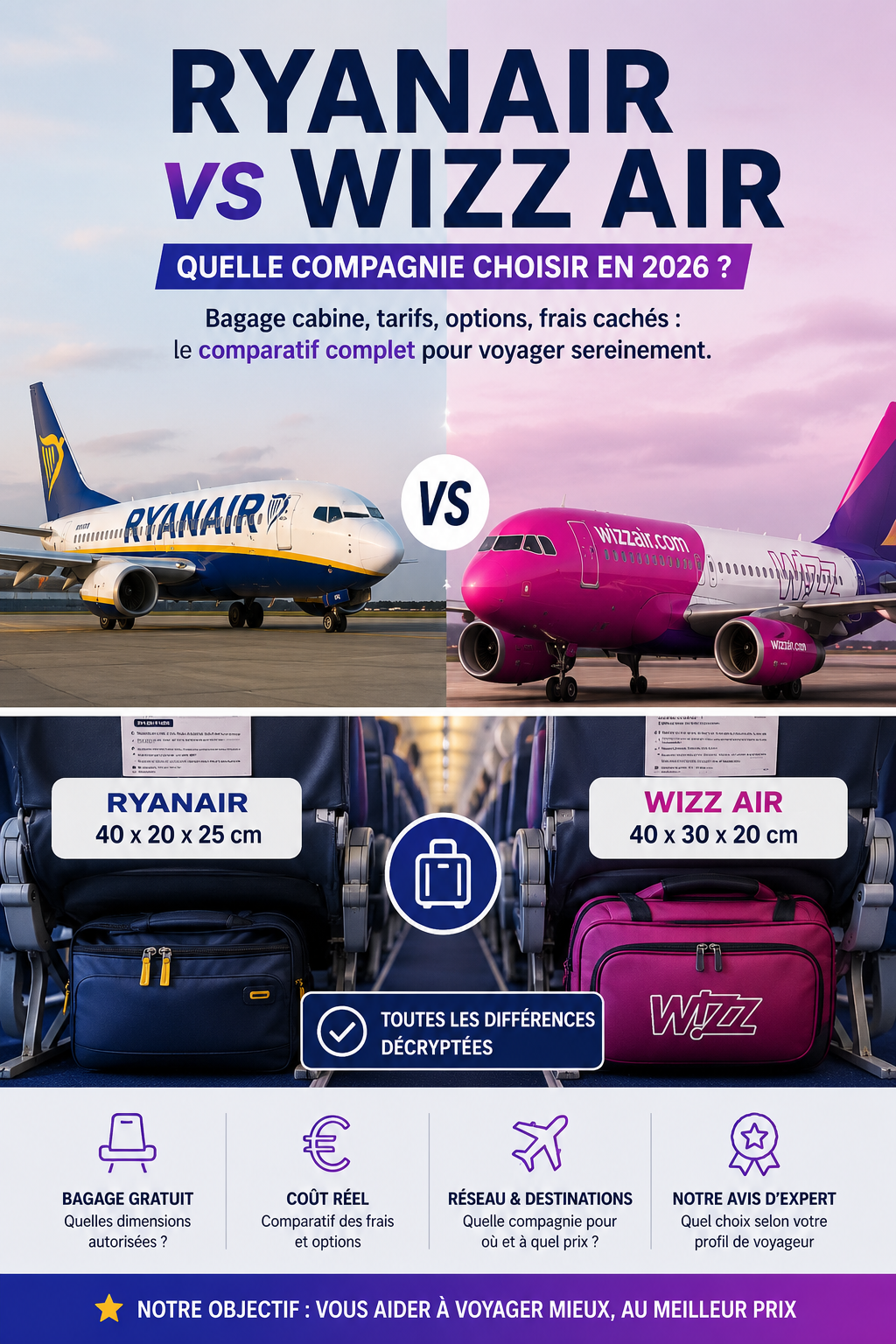 Comparatif Ryanair vs Wizz Air dimensions sac cabine 2026