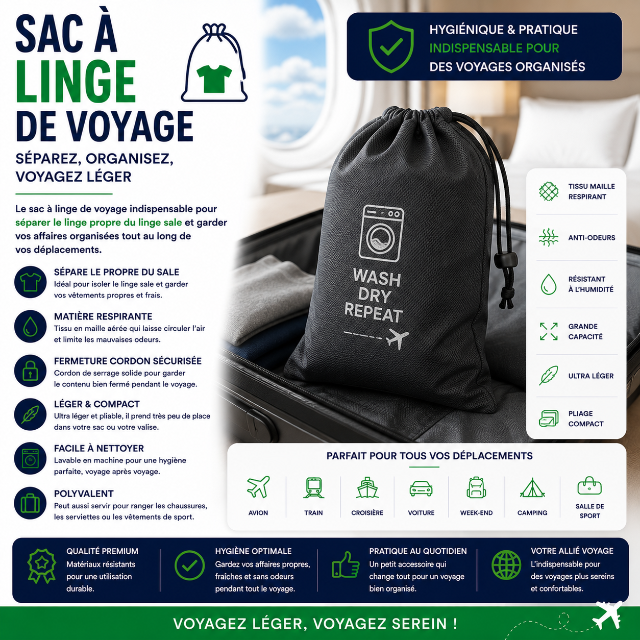 Sac à linge de voyage permettant de séparer le linge propre du linge sale dans une valise