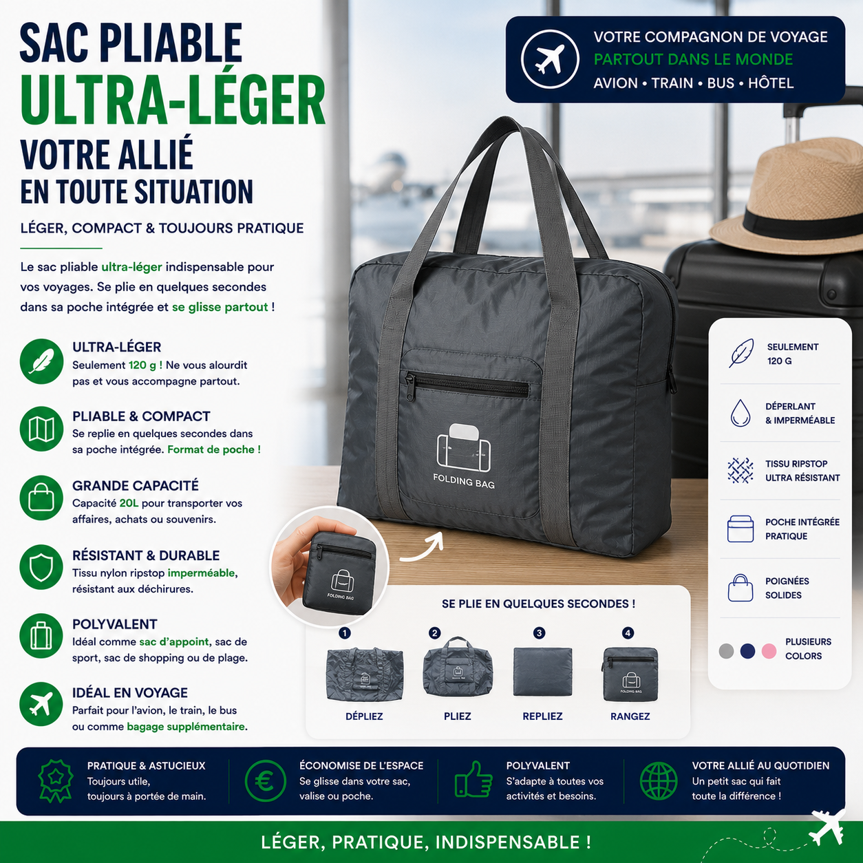 Sac pliable de voyage léger et compact pouvant servir de sac d'appoint pendant les vacances