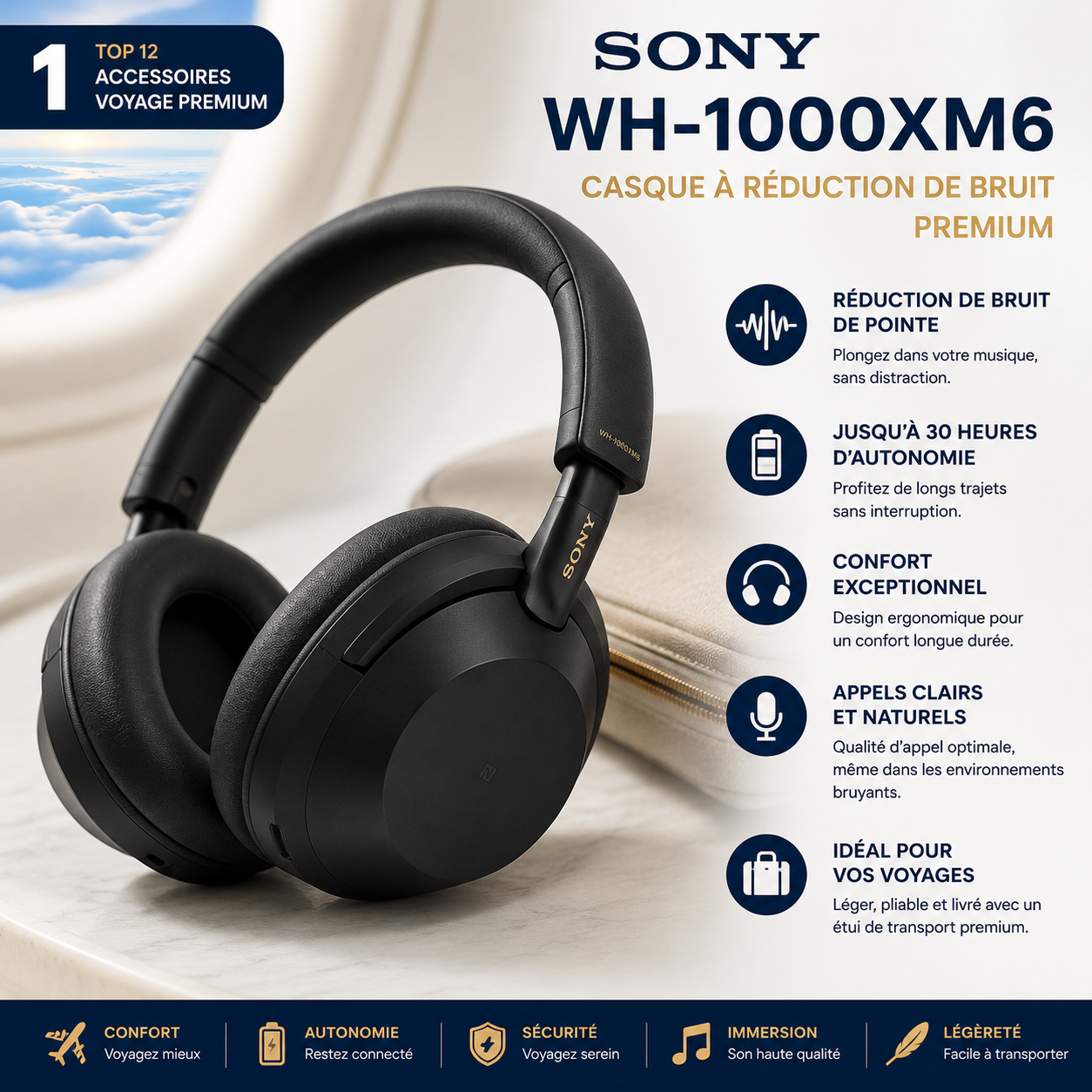 Casque Sony WH-1000XM6 pour voyager confortablement en avion
