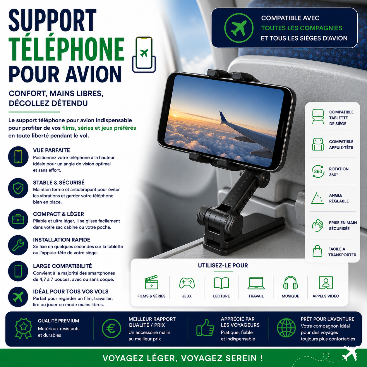Support téléphone pour avion permettant de regarder films et séries confortablement pendant le vol