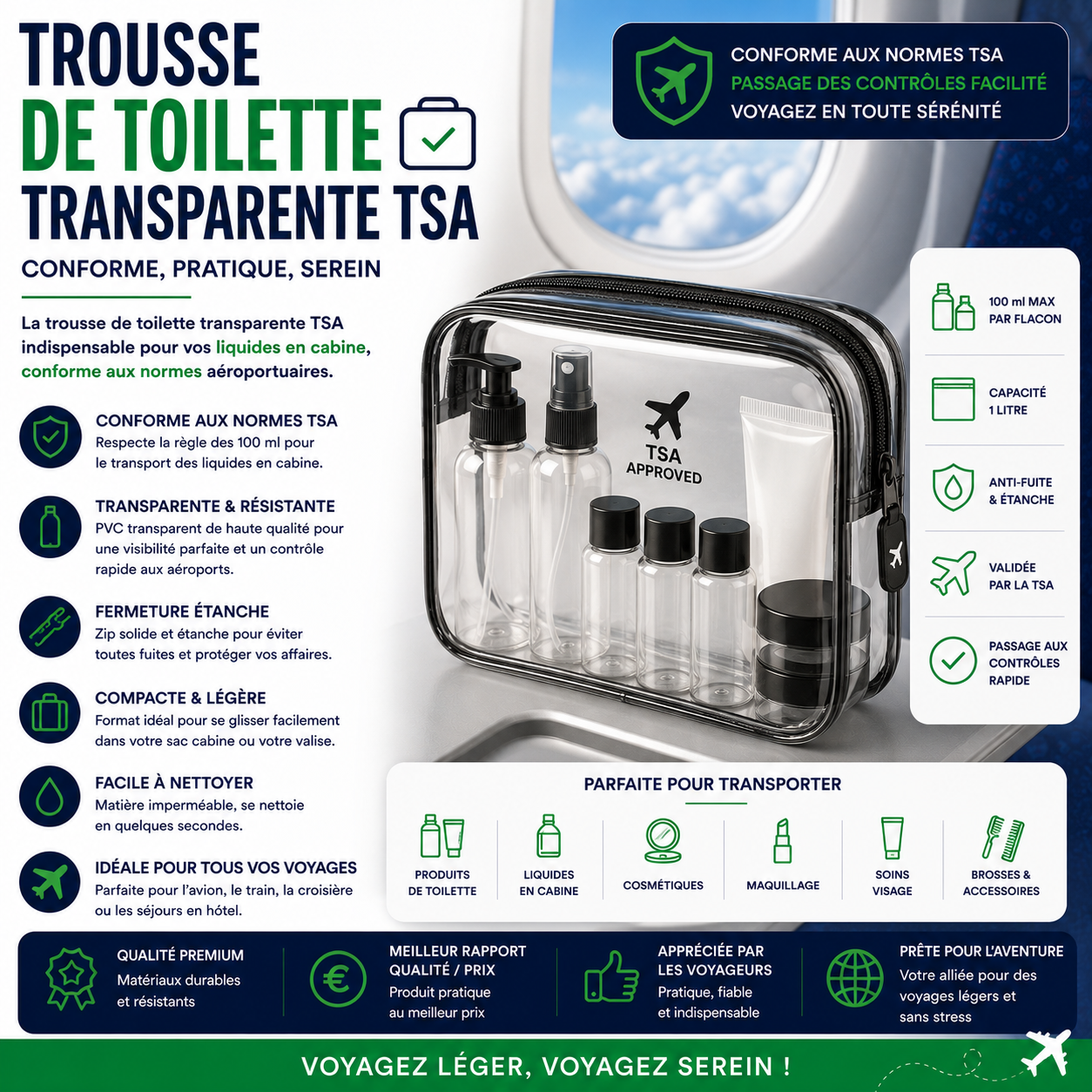 Trousse de toilette transparente TSA conforme aux règles pour transporter les liquides en cabine