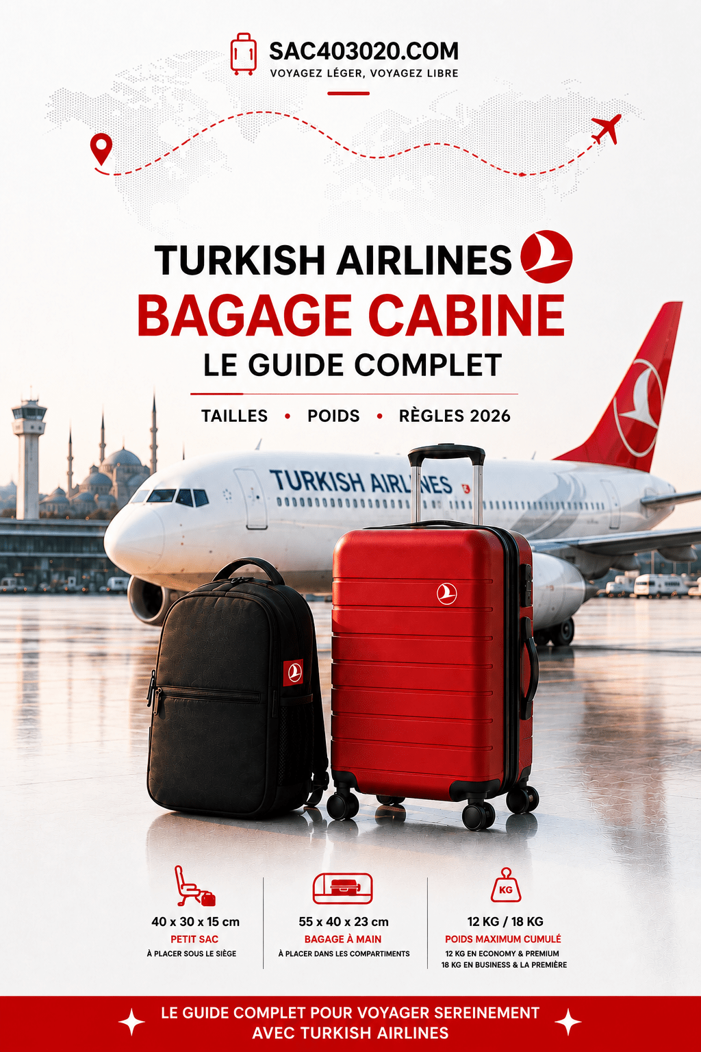 Bagage cabine Turkish Airlines : effet personnel 40x30x15 cm 4 kg et bagage cabine 55x40x23 cm 8 kg