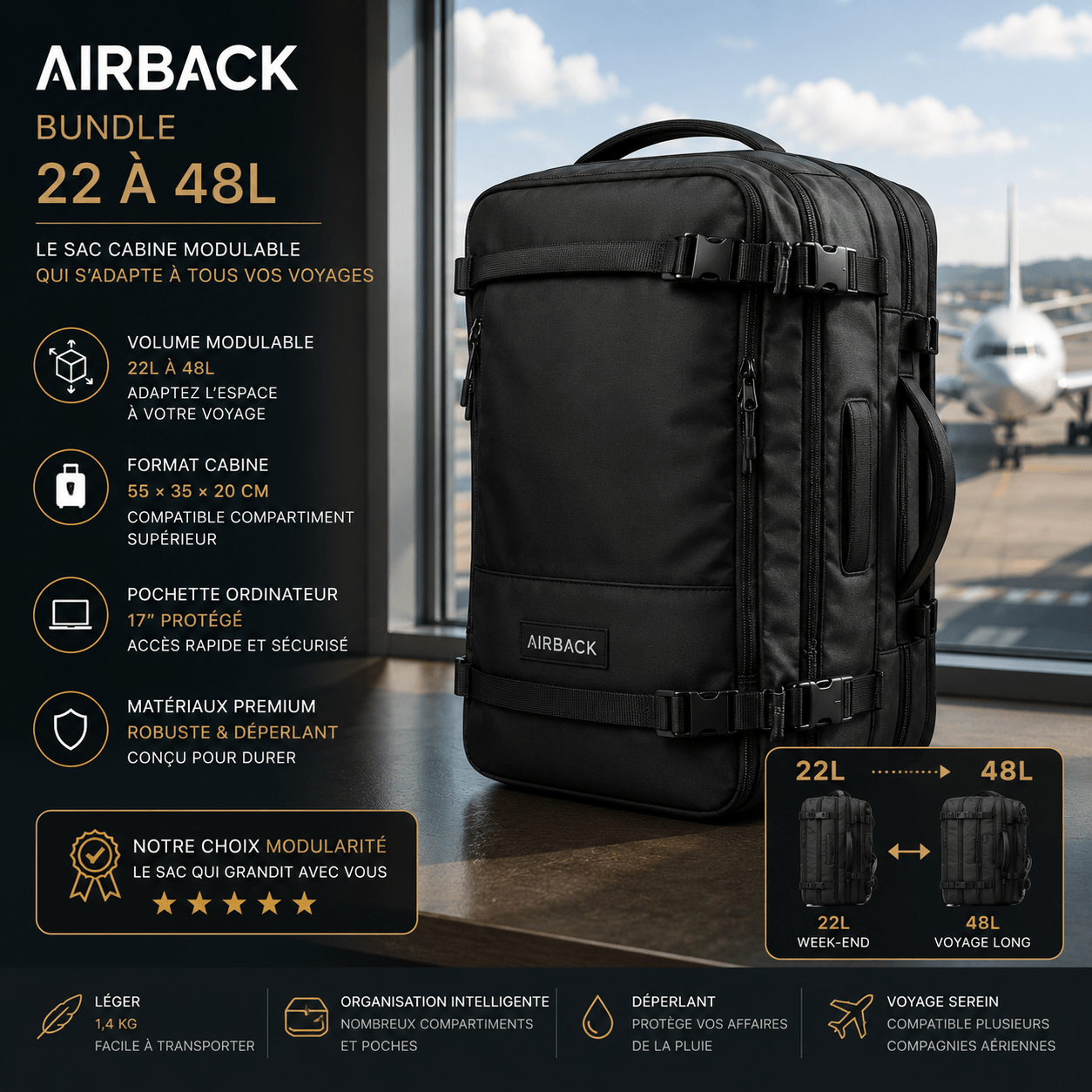 Airback Bundle 22 à 48 litres sac de voyage premium