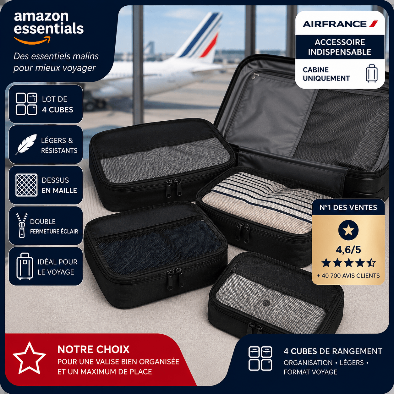 Cubes de rangement légers pour organiser un sac cabine Air France