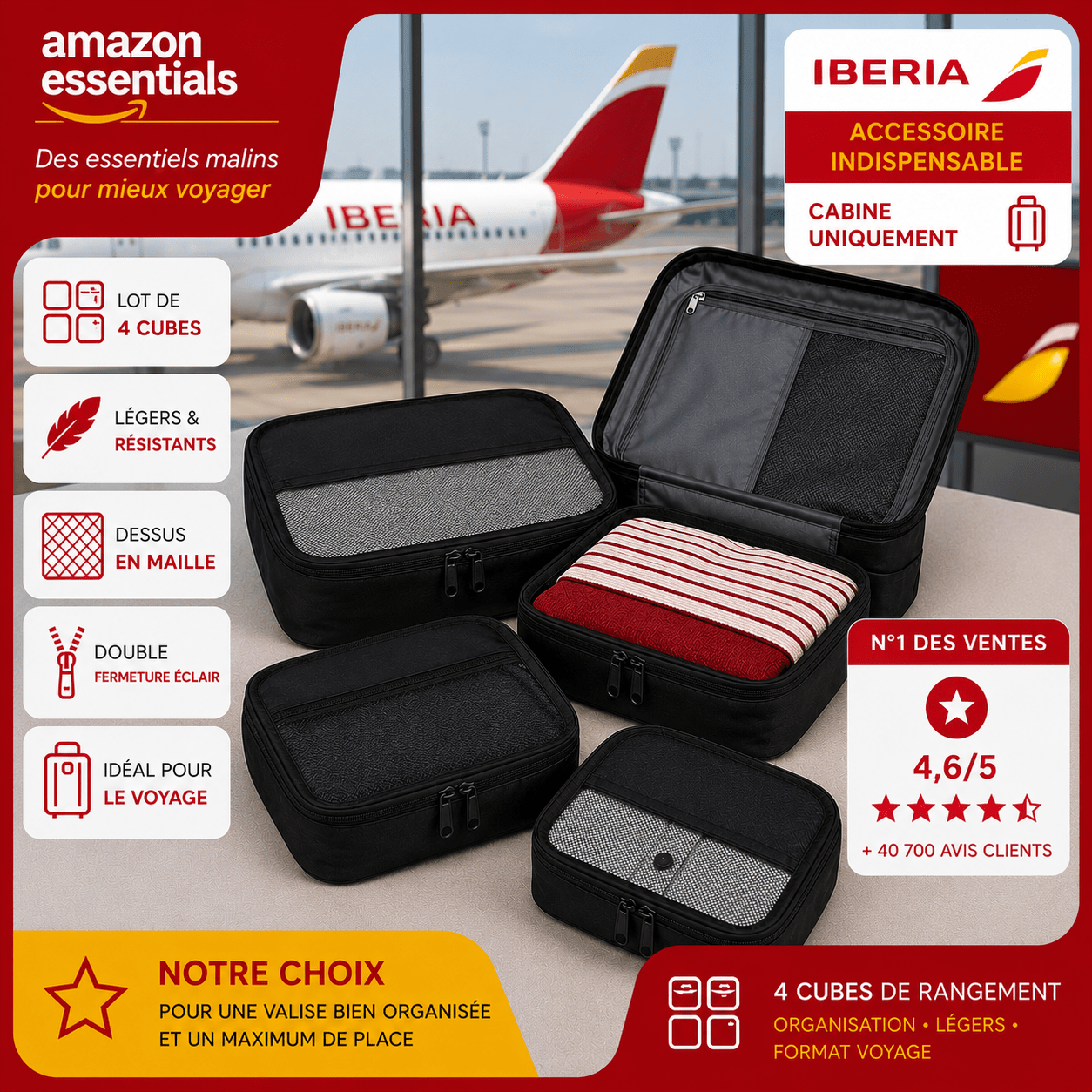 Amazon Essentials lot de 4 cubes de rangement pour organiser un bagage cabine Iberia