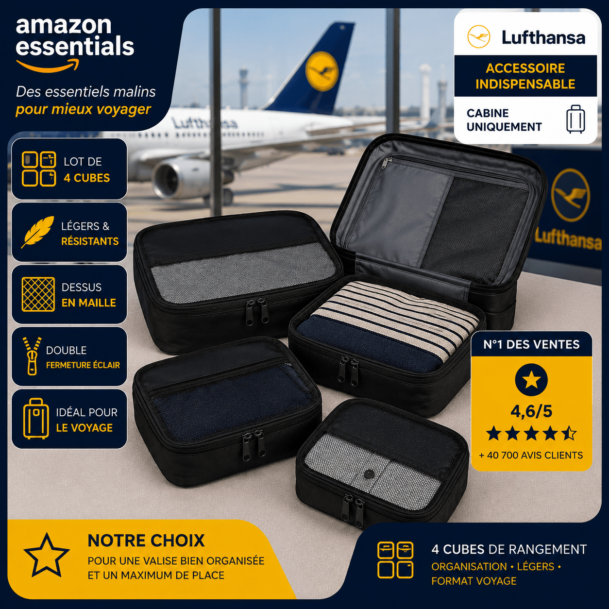 Amazon Essentials lot de 4 cubes de rangement pour organiser un bagage cabine Lufthansa