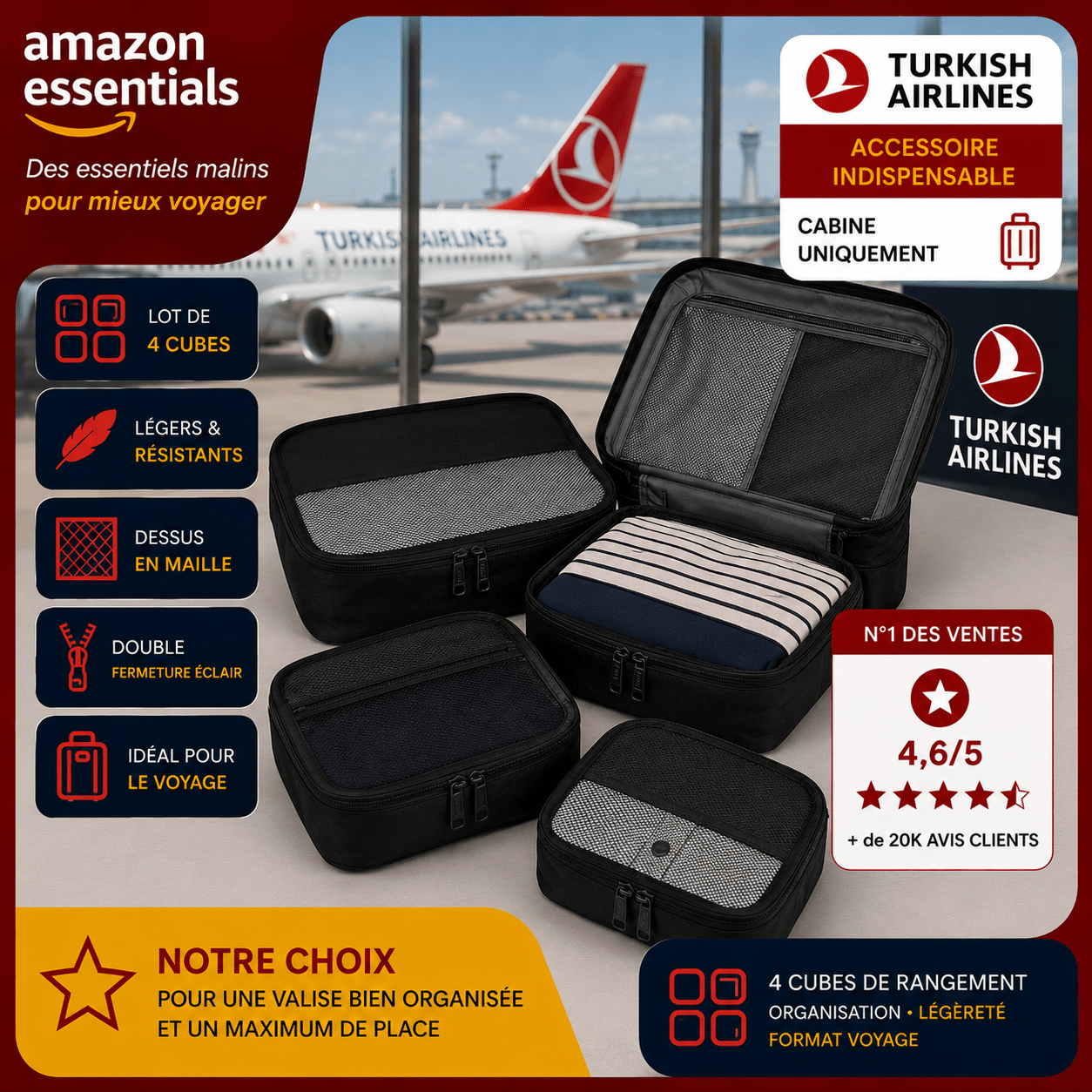 Amazon Essentials cubes de rangement pour répartir les affaires dans les bagages Turkish Airlines