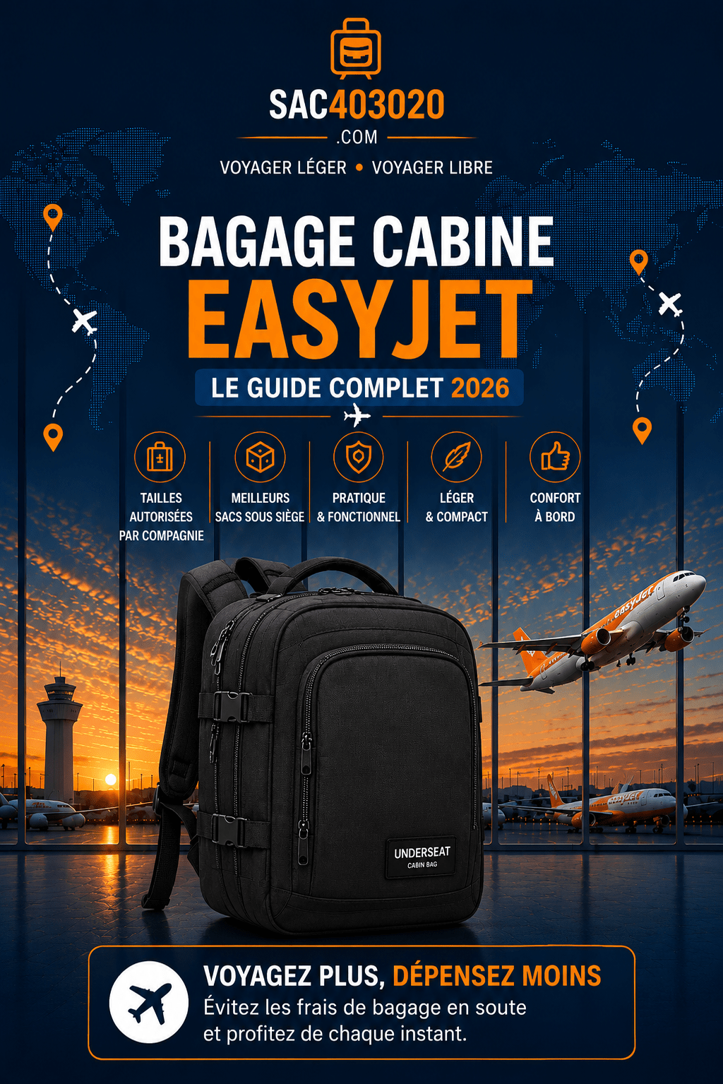 Bagage cabine EasyJet 45x36x20, dimensions et règles pour le petit bagage sous siège