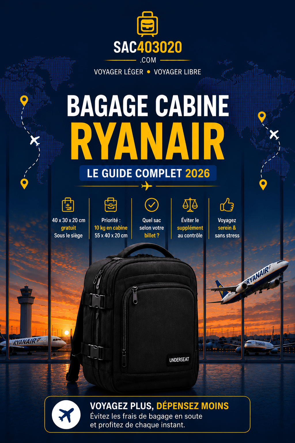 Bagage cabine Ryanair 40x30x20 et sac compatible avec les dimensions autorisées