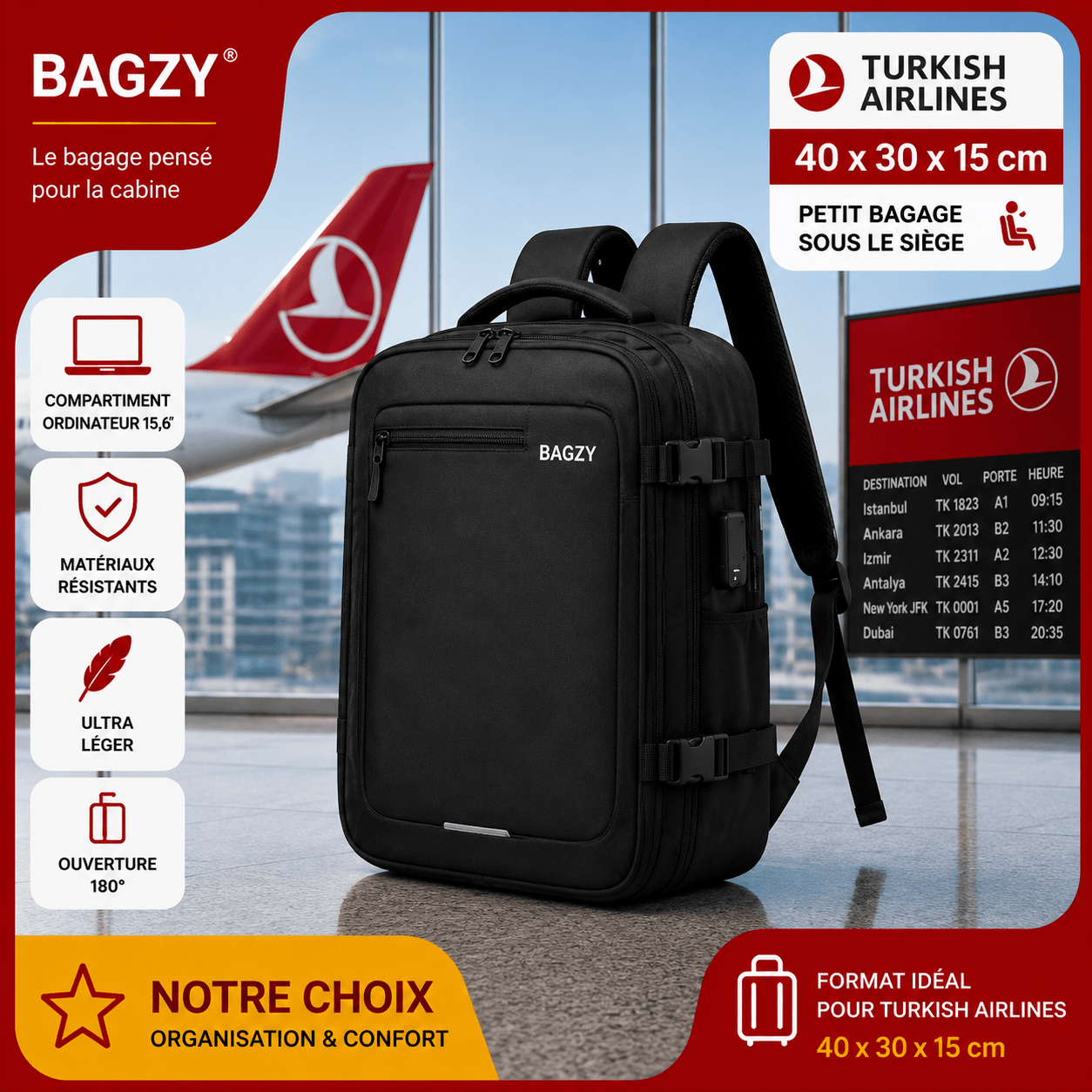 Sac cabine BAGZY 40x30x15 compatible Turkish Airlines sous le siège