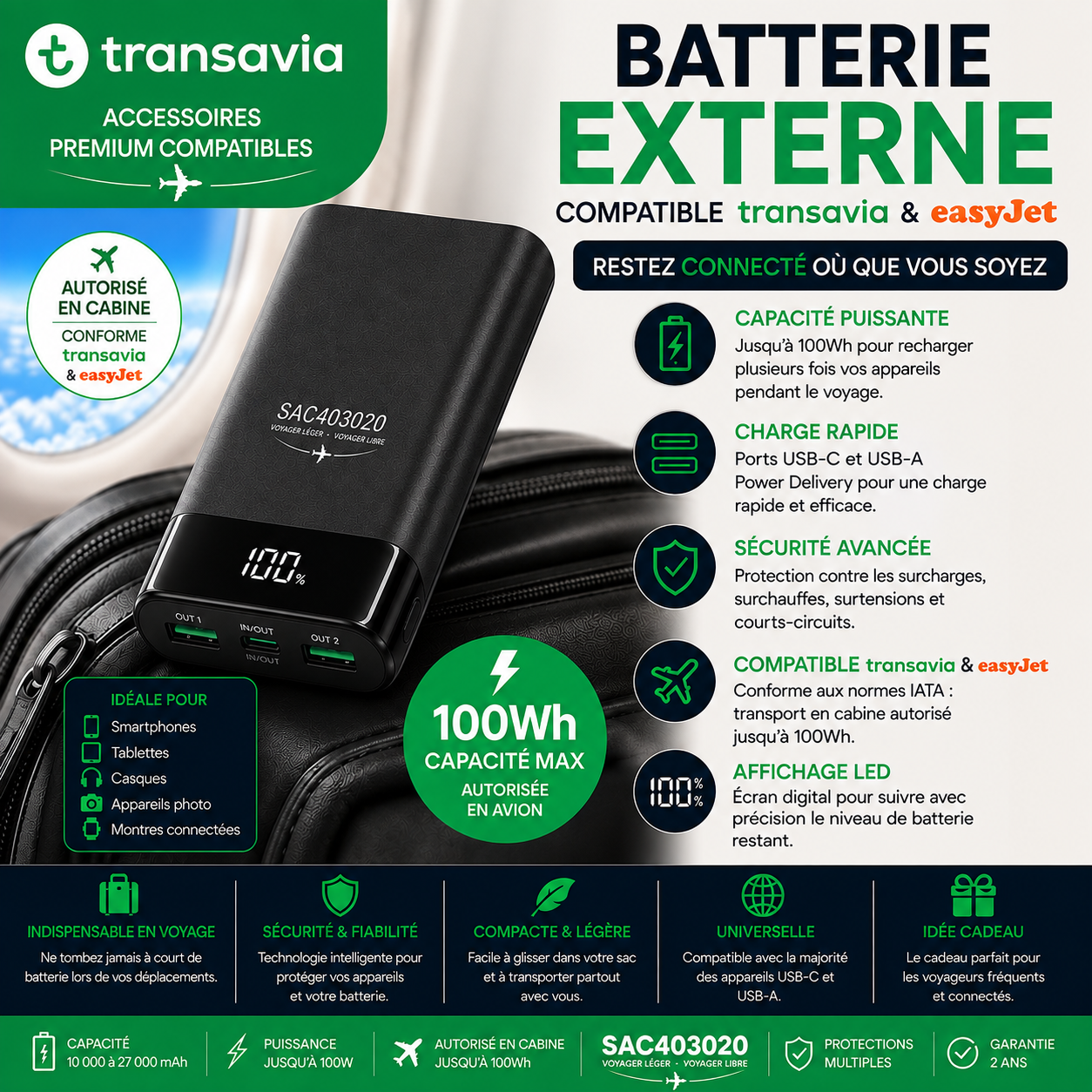 Batterie externe 100Wh compatible EasyJet et Transavia