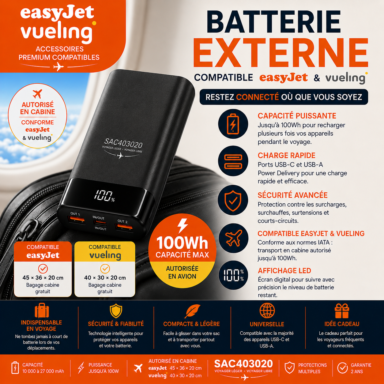 Batterie externe 100Wh compatible EasyJet et Vueling
