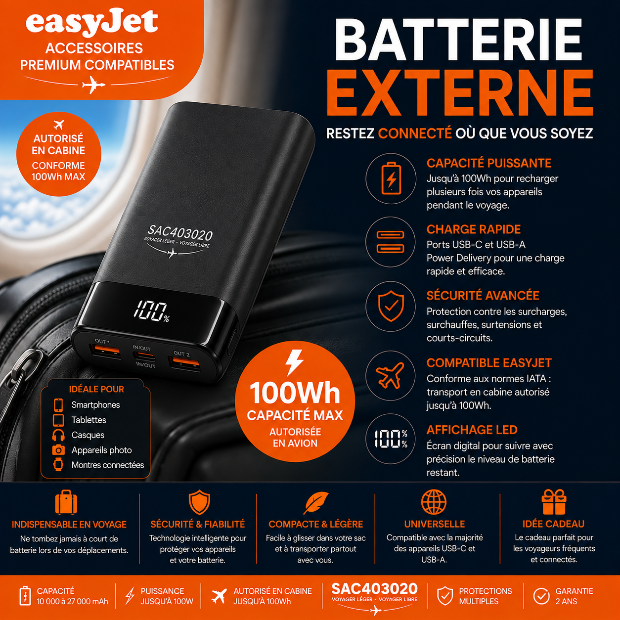 Batterie externe compatible avion