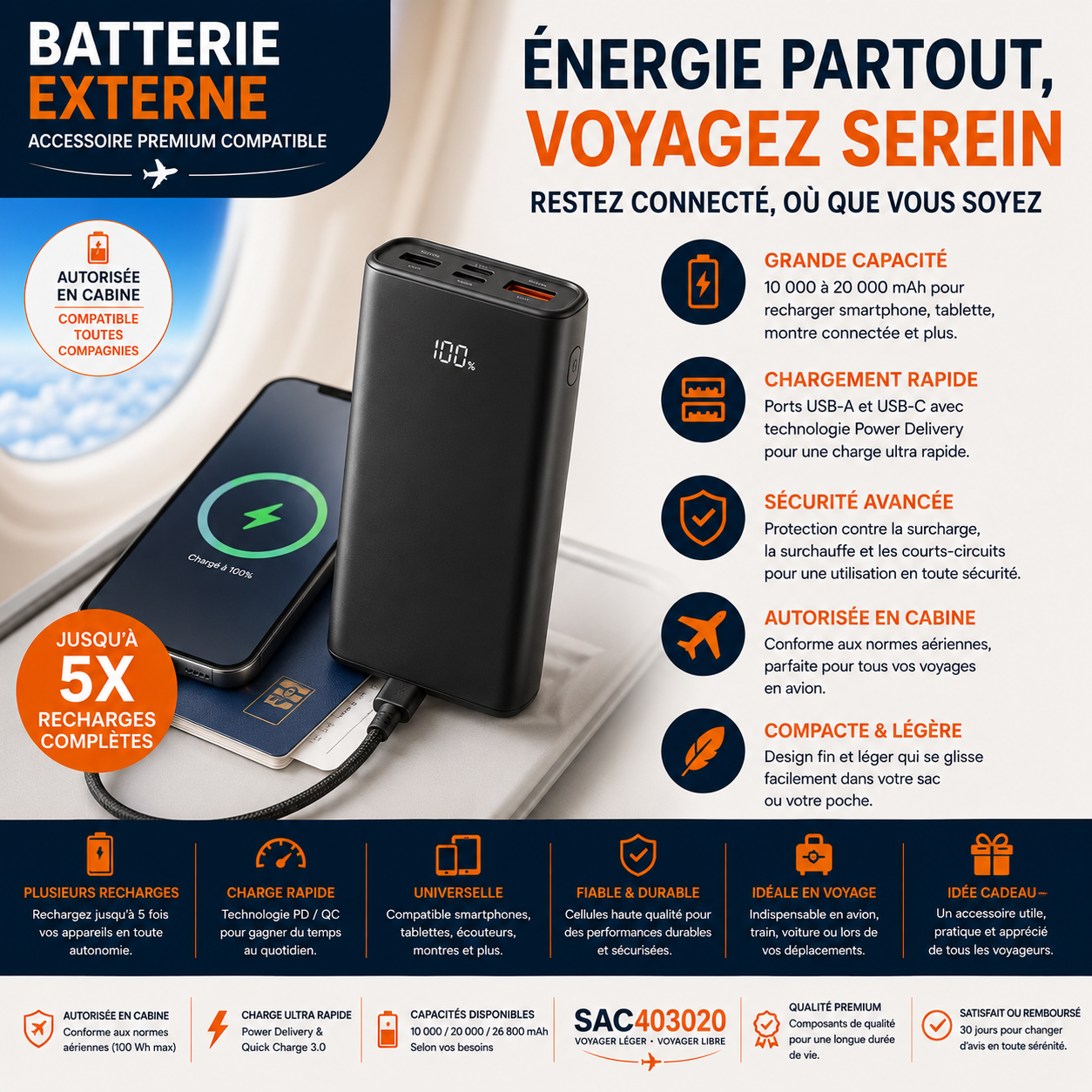Batterie externe 100 Wh conforme avion