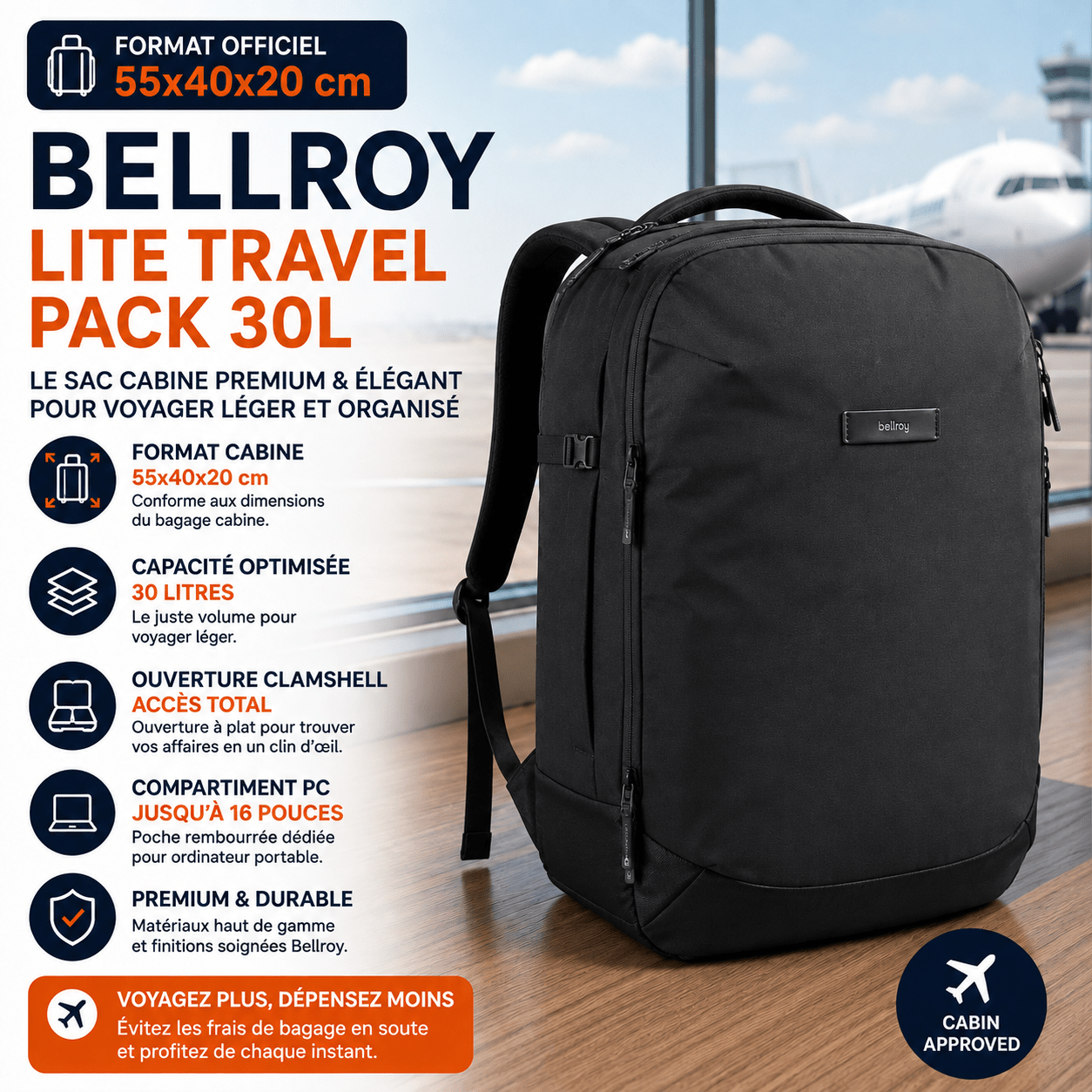 Bellroy Lite Travel Pack 30L sac cabine premium avec compartiment ordinateur