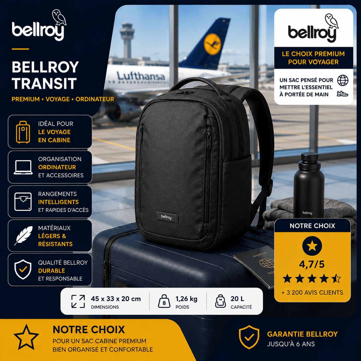 Bellroy Transit sac cabine premium pour voyager en avion avec ordinateur