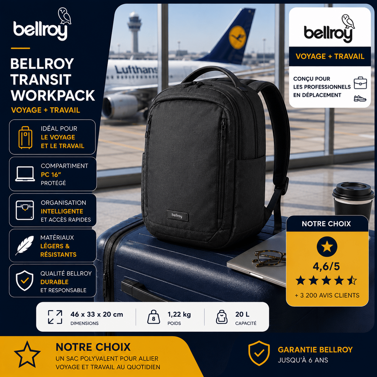Bellroy Transit Workpack sac premium pour voyage, travail et ordinateur portable