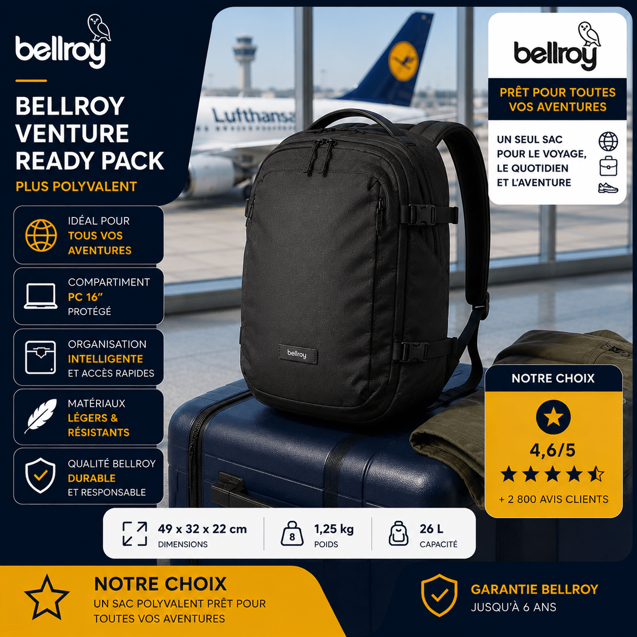 Bellroy Venture Ready Pack sac à dos premium polyvalent pour voyage et déplacements