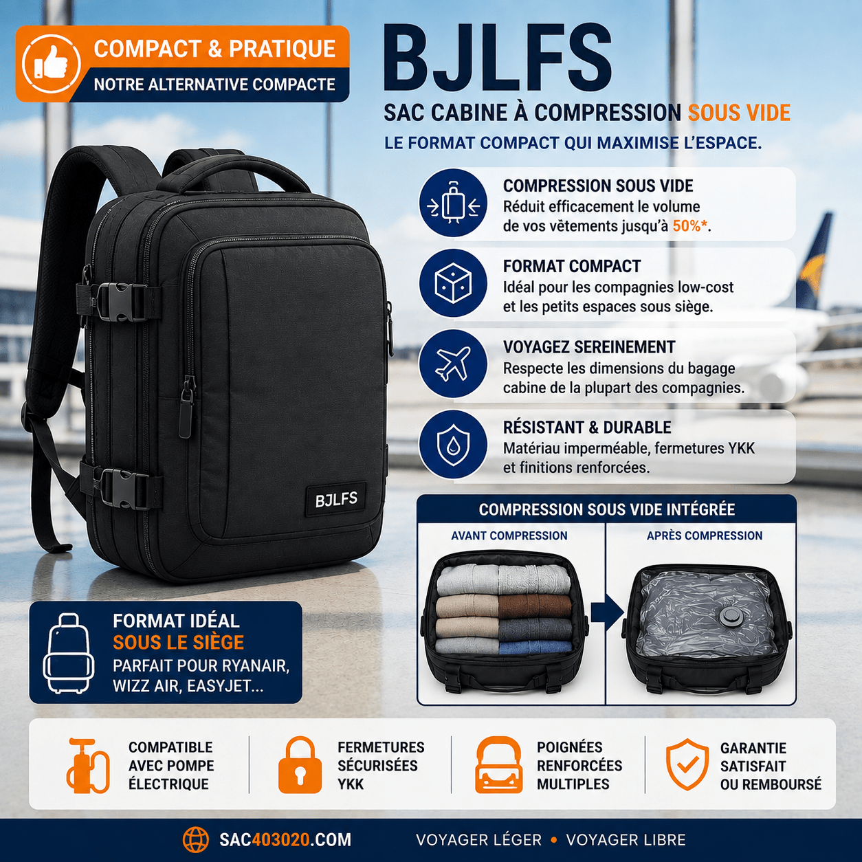 BJLFS sac cabine 40x30x20 à compression sous vide avec pompe