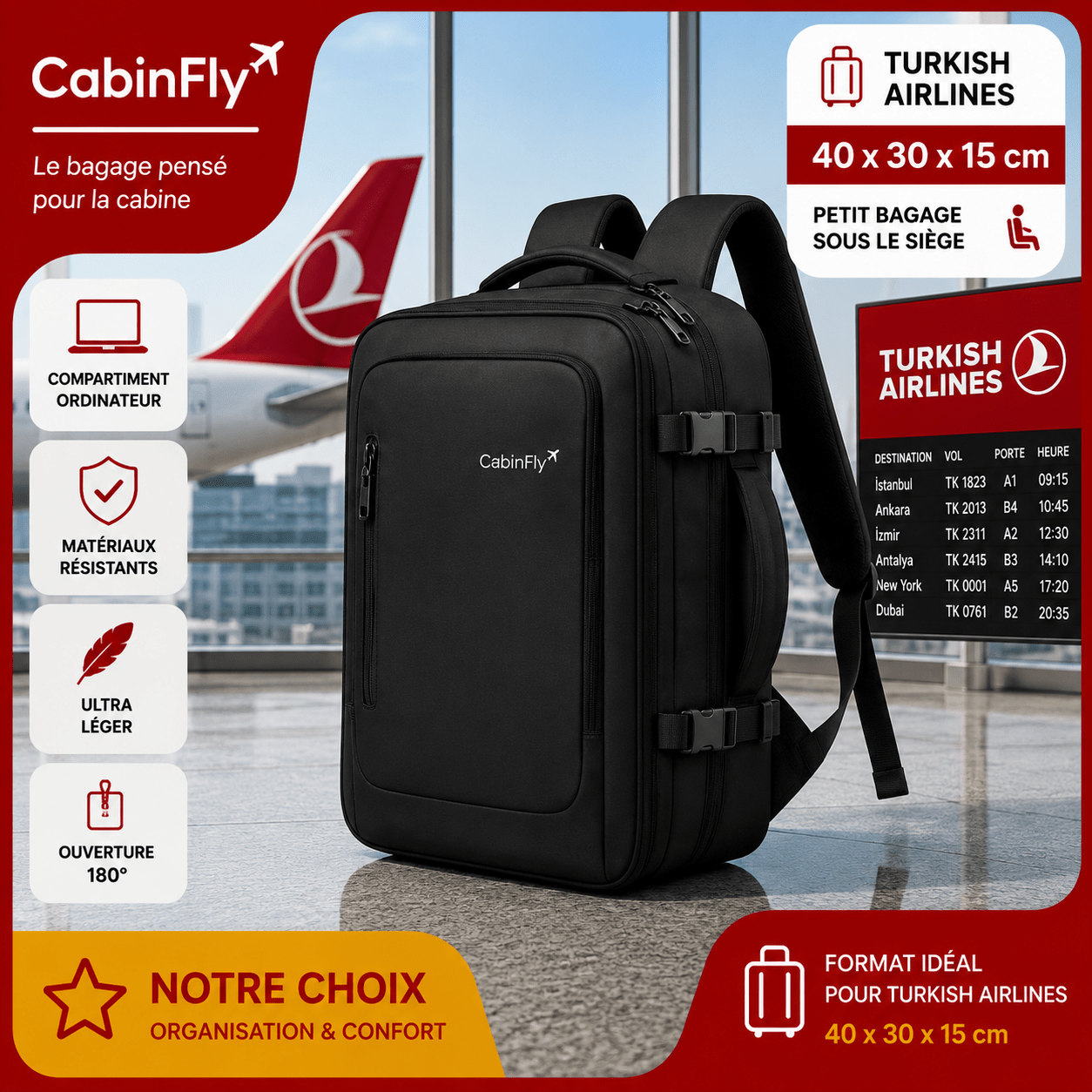 Sac cabine CabinFly Bellanca 40x30x15 compatible Turkish Airlines sous le siège