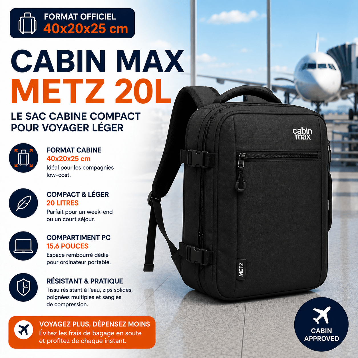 Cabin Max Metz 20L 40x20x25 sac cabine multi-compagnies