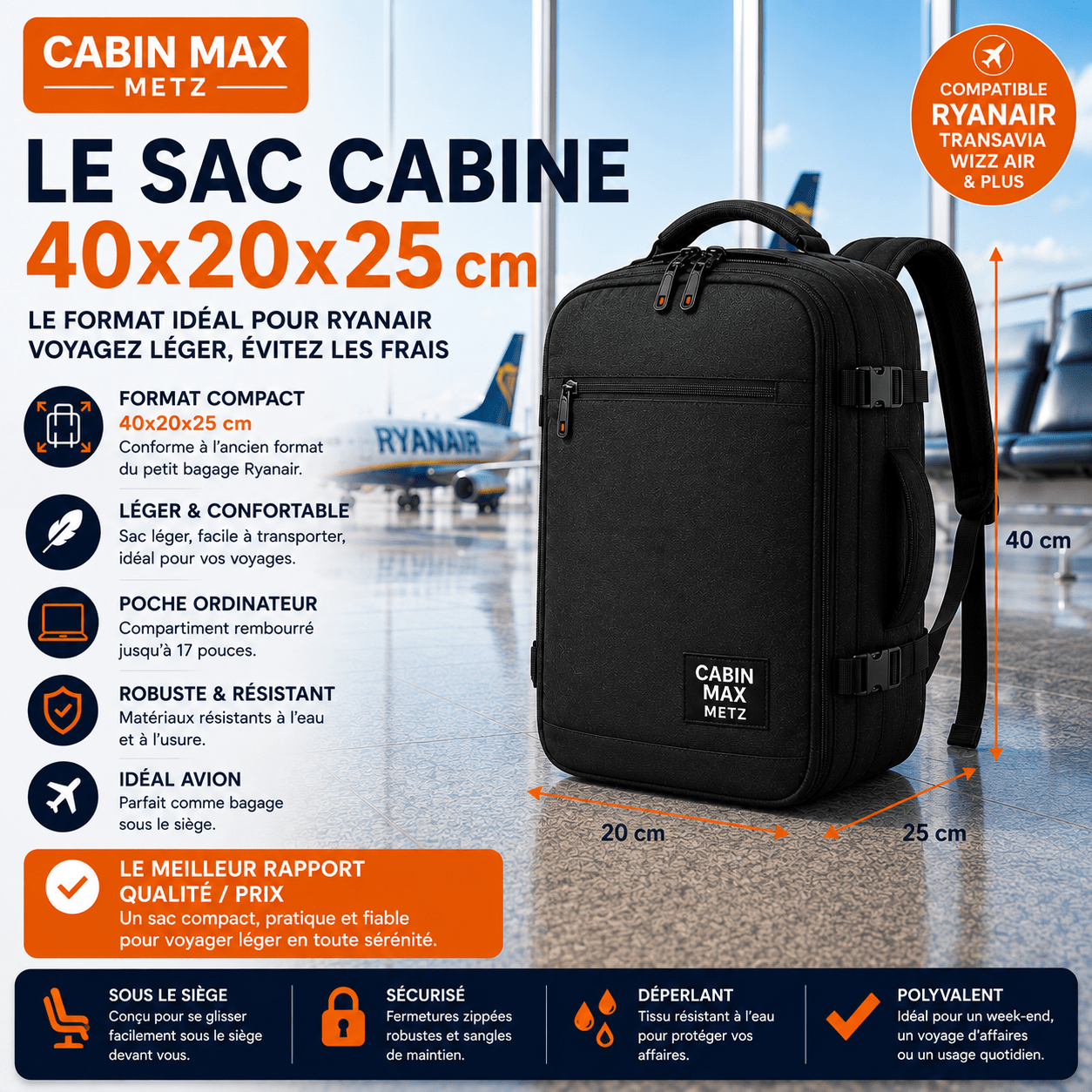 Cabin Max Metz 20L sac cabine Ryanair 40x20x25