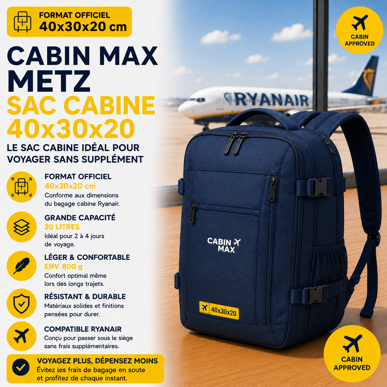Sac Cabin Max Metz 40x30x20 pour petit bagage Ryanair