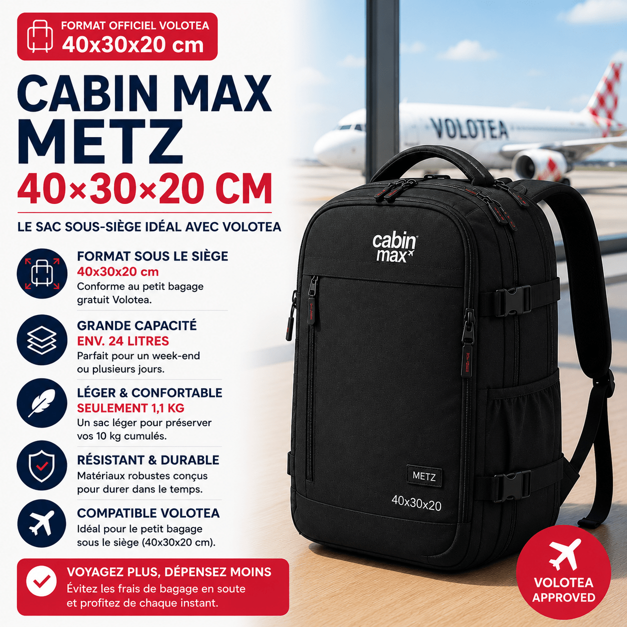 Sac Cabin Max Metz 20L 40x30x20 pour petit bagage Volotea