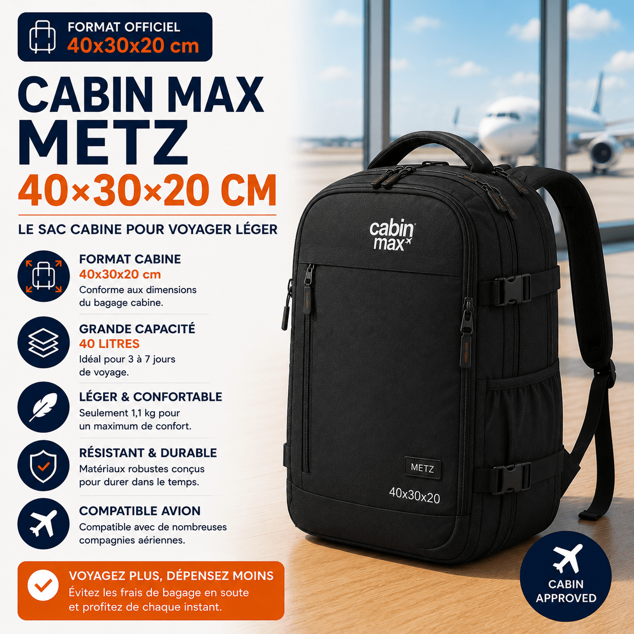 Cabin Max Metz 40x30x20 sac cabine pour voyage en avion