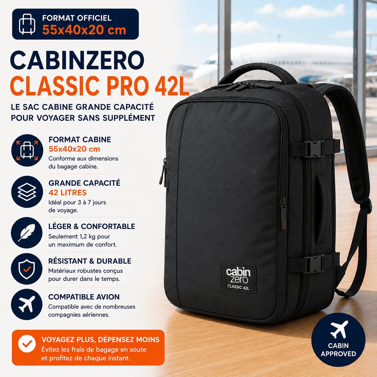 CabinZero Classic Pro 42L grand sac cabine premium